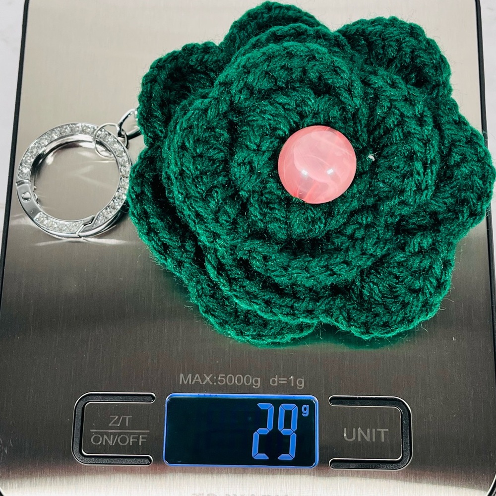 Green Crochet Flower Bag Charm with Pink Bead Center - Picture 4 of 5